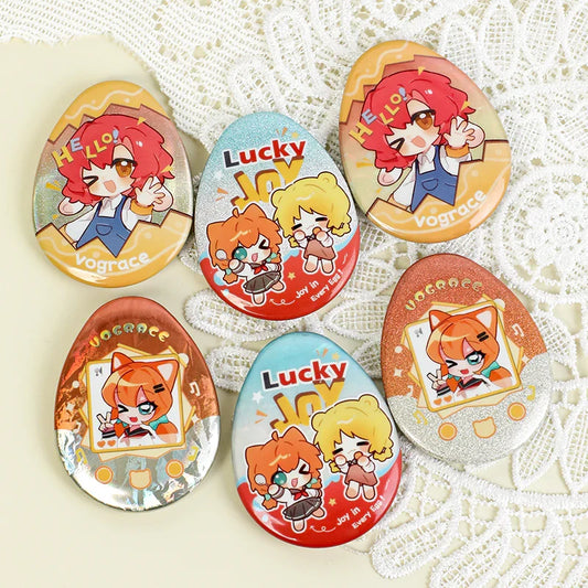 Egg-shaped holographic anime button pins with glitter, featuring cute cartoon characters.