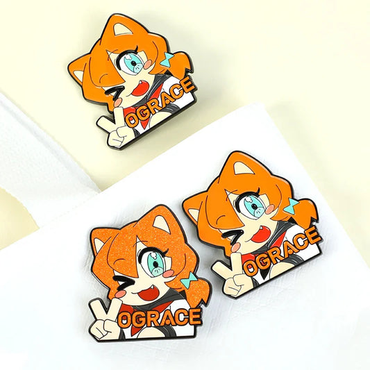 Custom anime enamel pins featuring orange-haired cartoon character with peace sign