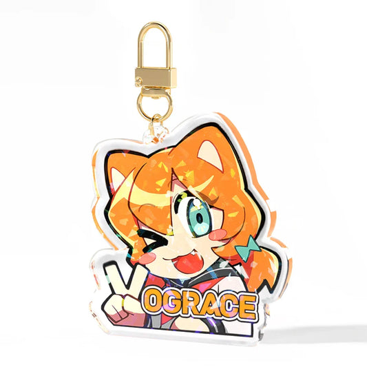 Custom epoxy holographic acrylic keychain with winking anime cat girl and gold clasp