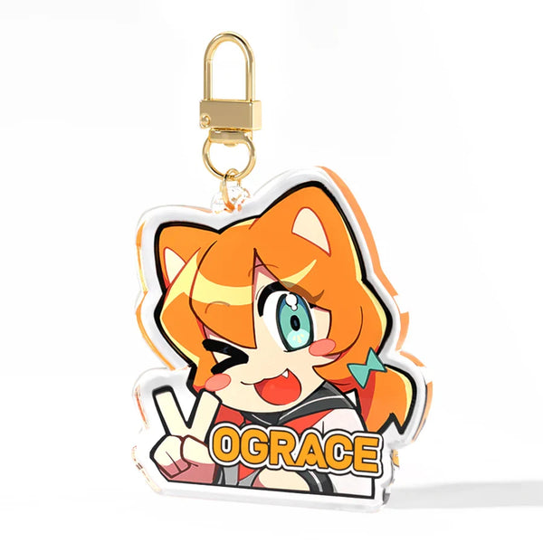 Custom acrylic anime keychain with cute orange-haired cat girl character and gold clasp