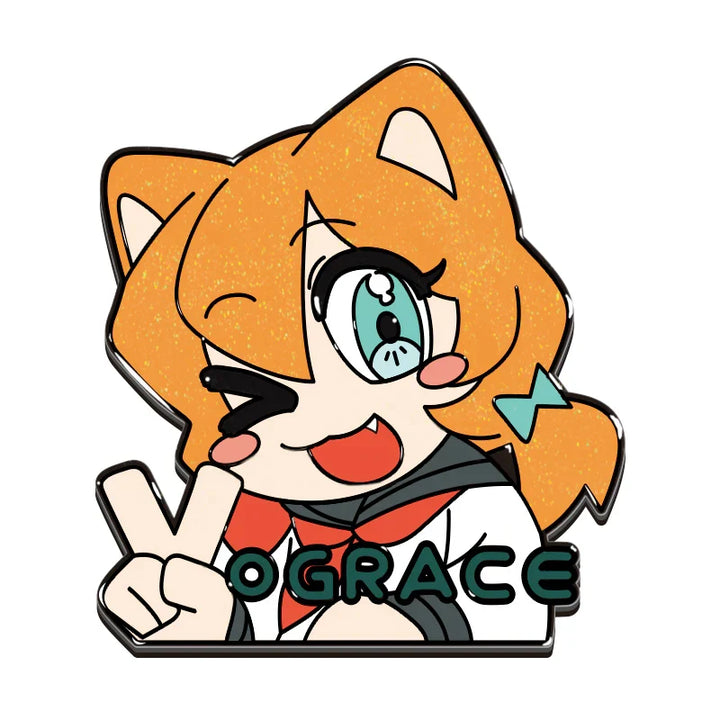 Custom glitter enamel pin featuring a winking anime cat girl with orange hair and peace sign.