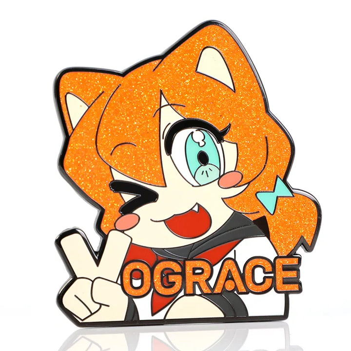 Custom glitter enamel pin featuring an orange-haired anime cat character making a peace sign