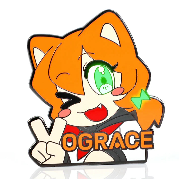 Custom glow-in-the-dark enamel pin featuring an orange anime fox character winking and holding up a peace sign.