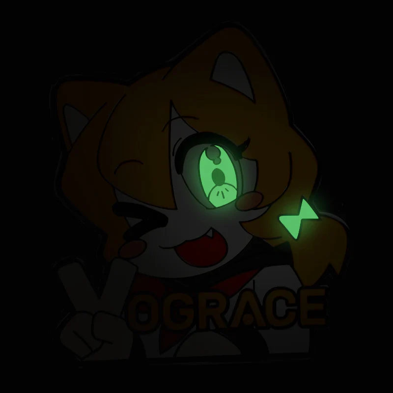 Glow-in-the-dark enamel pin with cartoon fox character and green illuminated eye