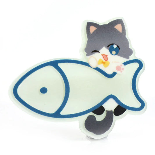 Glow in the dark acrylic hair clip with cute cat and fish design, cartoon accessory