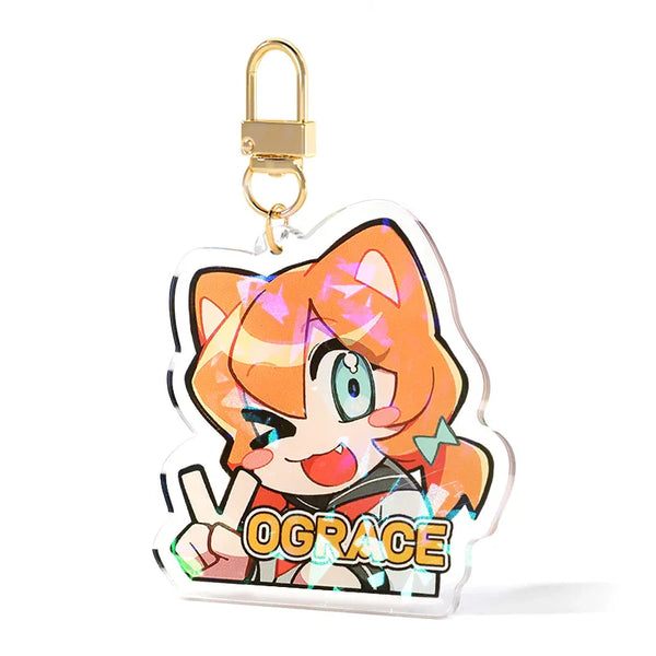 Custom holographic acrylic keychain with anime cat girl character, gold clasp, and peace sign.