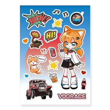 Individuelles Kiss-Cut-Stickerblatt mit Anime-Mädchen, Katze und Retro-Auto sowie bunten Cartoon-Designs.