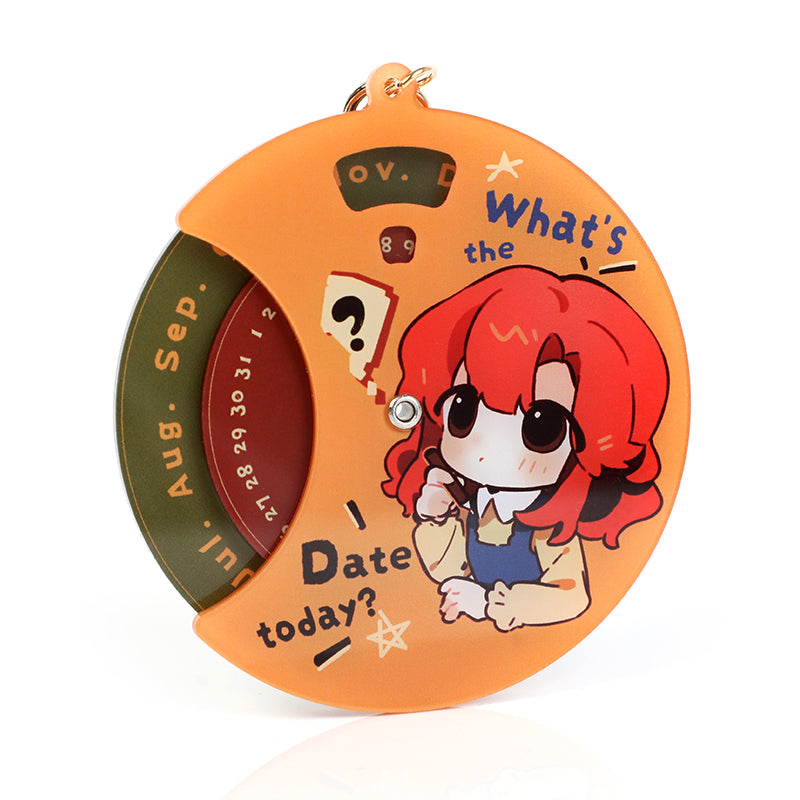 Custom multi-layer acrylic keychain featuring anime girl, rotating calendar design, orange color.