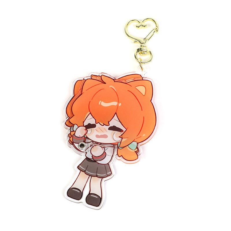 Custom acrylic keychain with cute orange-haired anime girl charm and gold heart clasp
