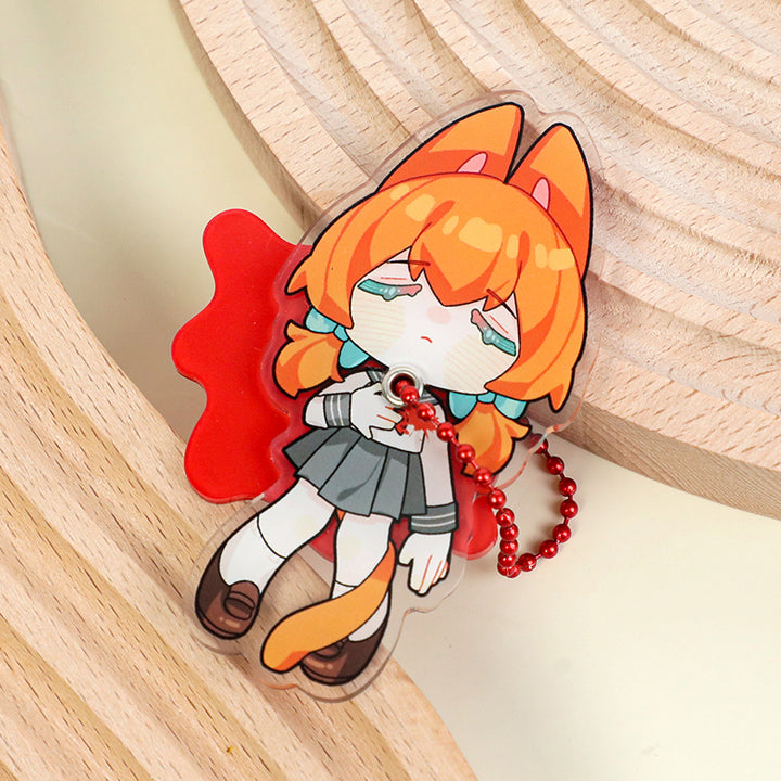 Custom multi-layer acrylic keychain featuring a sad anime girl with fox ears and red chain