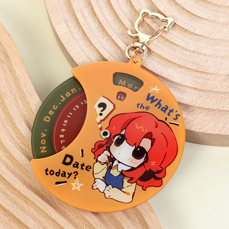 Custom multi-layer acrylic keychain with anime girl design and rotating date calendar.