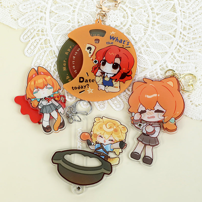 Custom multi-layer acrylic keychains with cute anime characters and a circular date charm