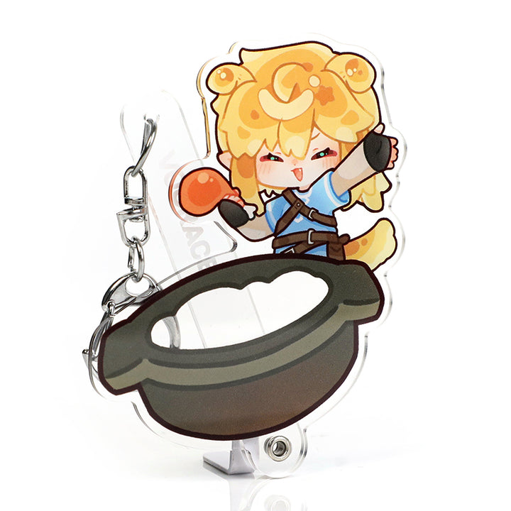 Custom multi-layer acrylic keychain featuring a chibi anime chef character with a pot.