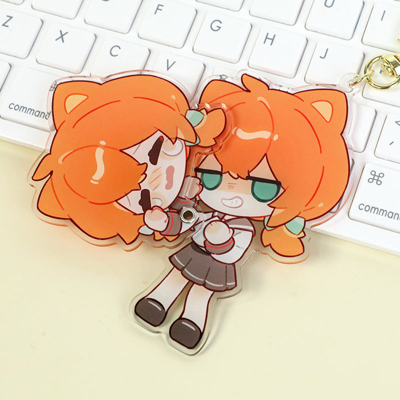 Custom multi-layer acrylic keychain with cartoon orange-haired anime girl on keyboard
