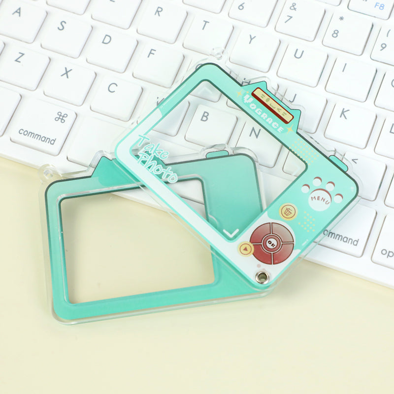 Custom multi-layer acrylic keychain with camera design on keyboard, cute and colorful accessory