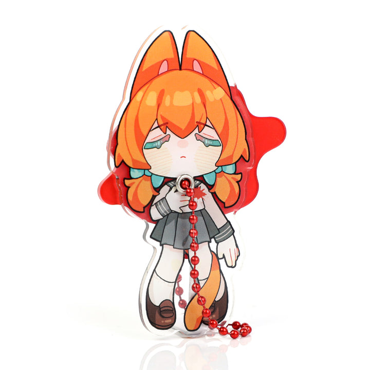 Custom multi-layer acrylic keychain with sad anime fox girl, red ball chain, school uniform