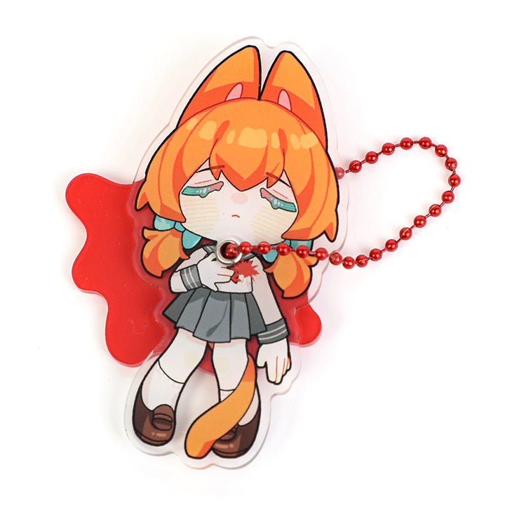 Custom multilayer acrylic keychain featuring sad anime girl with orange hair and cat ears