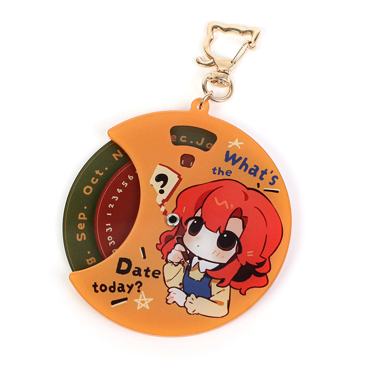 Custom multi-layer acrylic keychain with anime girl, date wheel, and gold clasp