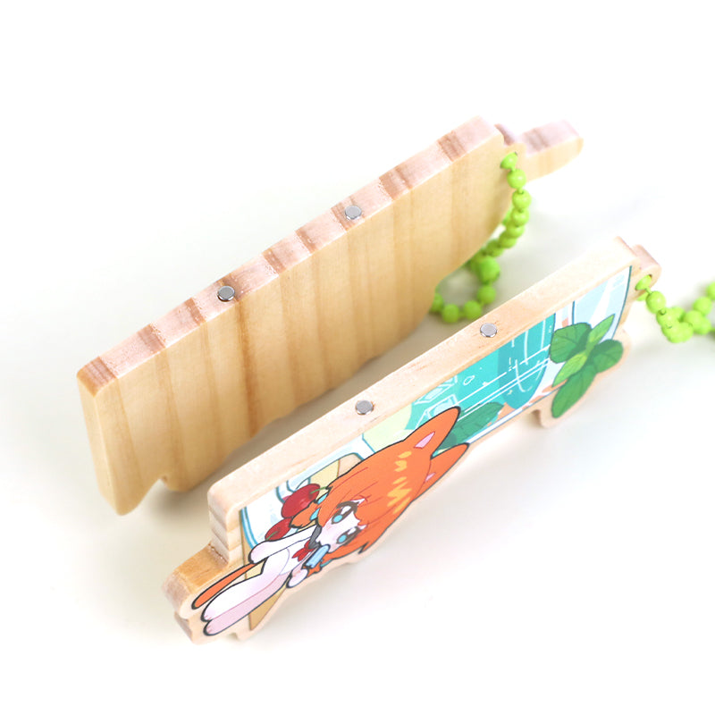 Custom wooden magnetic keychains with anime design and green ball chains