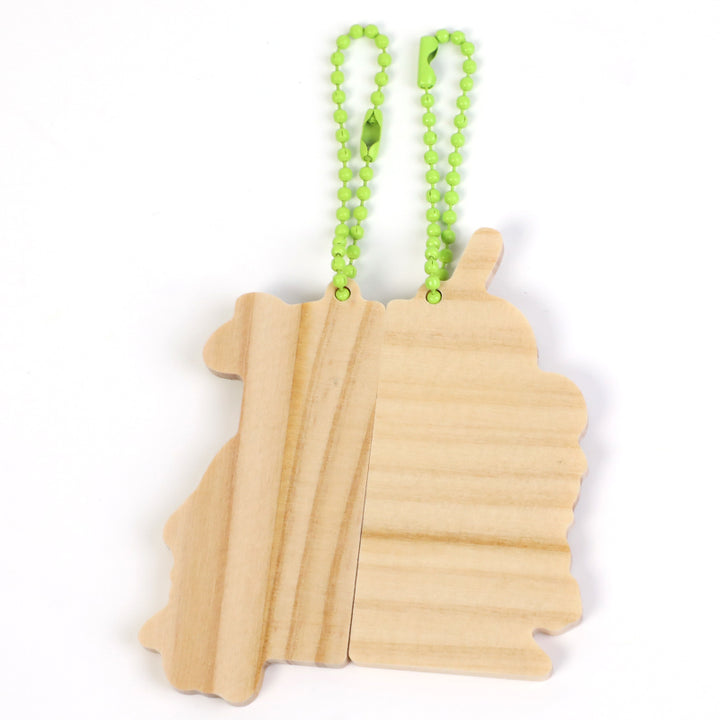 Custom nature wood magnetic keychains with green beaded chains on white background