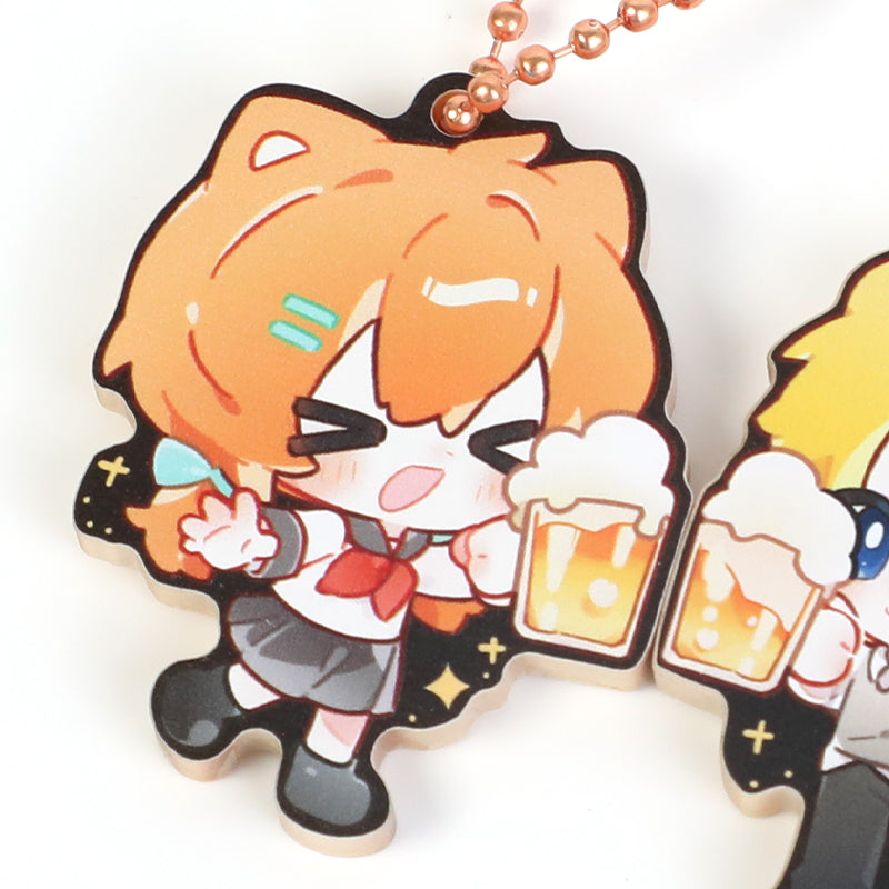 Custom wood magnetic keychain with anime girl holding beer mugs, cute cartoon design