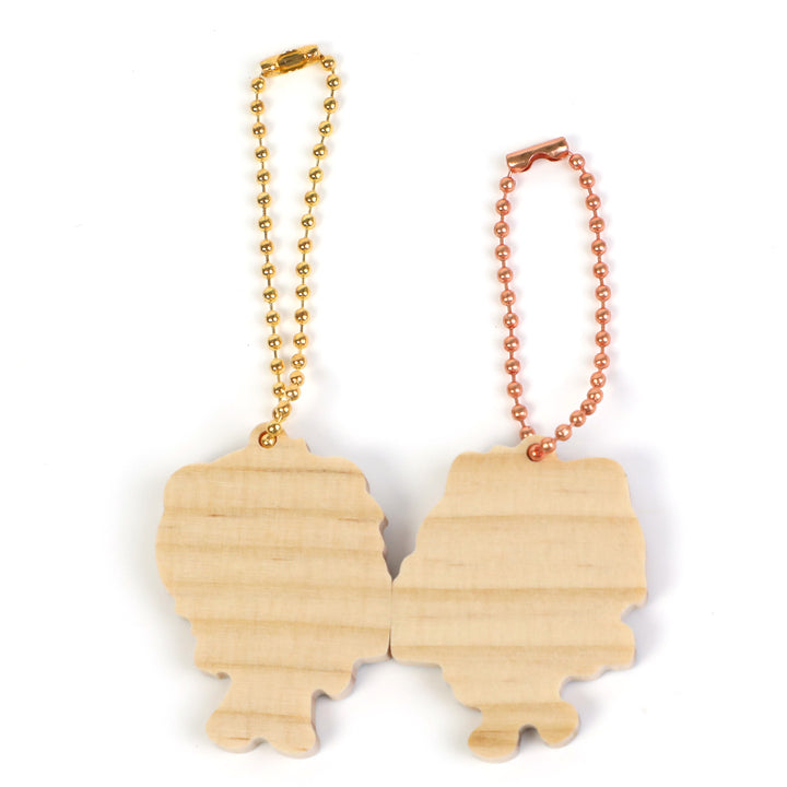 Pair of custom wooden magnetic keychains with gold and rose gold ball chains
