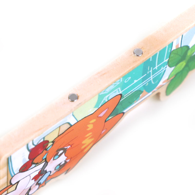 Custom wooden magnetic keychain with colorful anime-style illustration and strong magnets