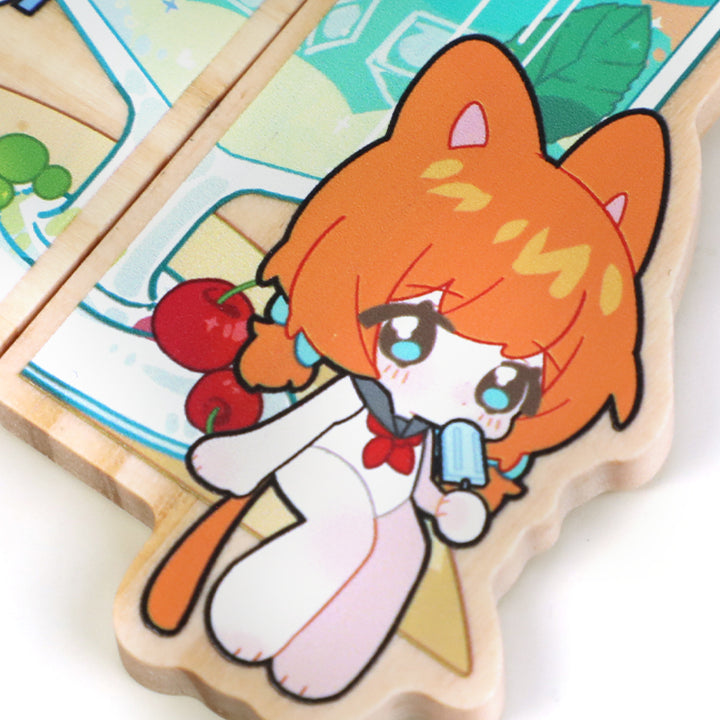 Custom wooden magnetic keychain with cute anime cat girl and cherries illustration