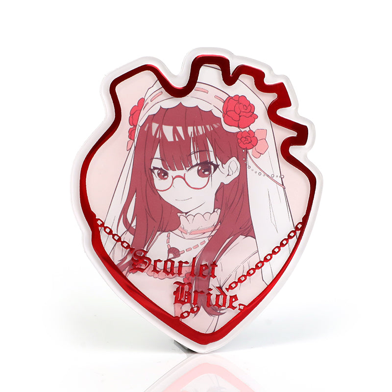 Custom acrylic fridge magnet featuring anime-style bride with red raised foil text and heart shape.