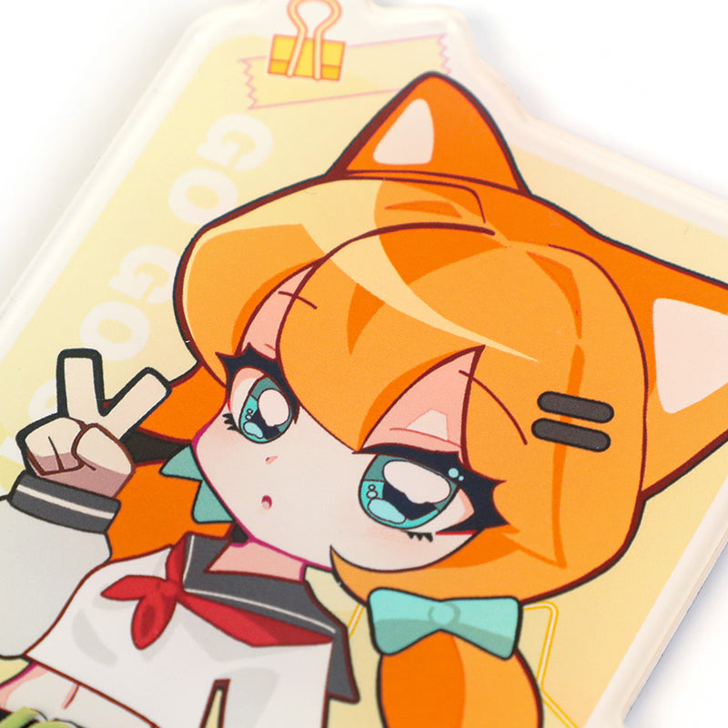 custom anime acrylic magnet featuring cat ear girl with peace sign and large blue eyes