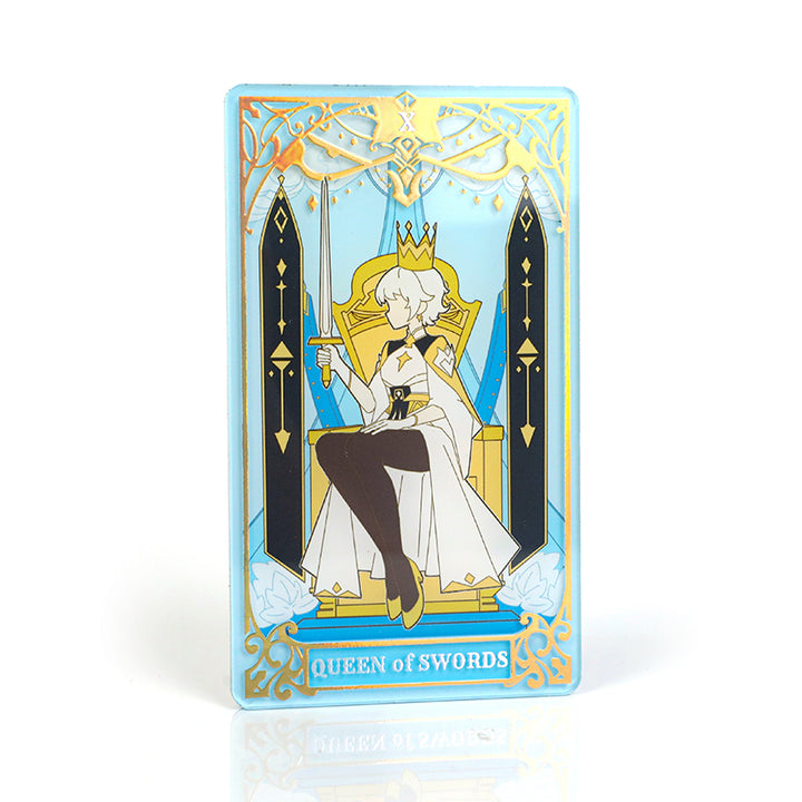 Custom acrylic fridge magnet featuring tarot card Queen of Swords design with raised foil accents