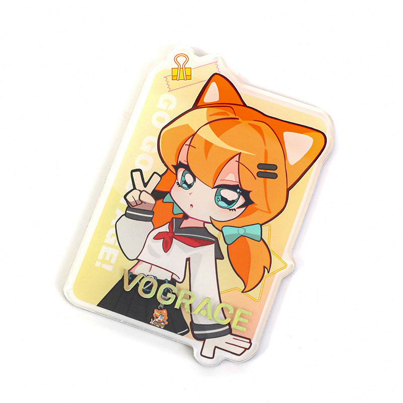 Custom acrylic fridge magnet with anime girl, orange cat ears, raised foil stamping, peace sign