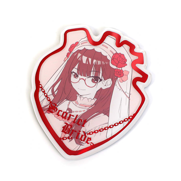 Custom acrylic fridge magnet with anime bride illustration, heart shape, raised foil detailing