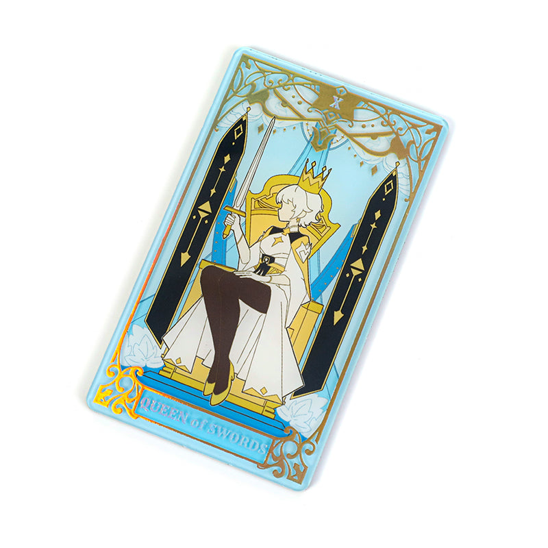 Custom acrylic fridge magnet with raised foil, featuring a Queen of Swords tarot card design.