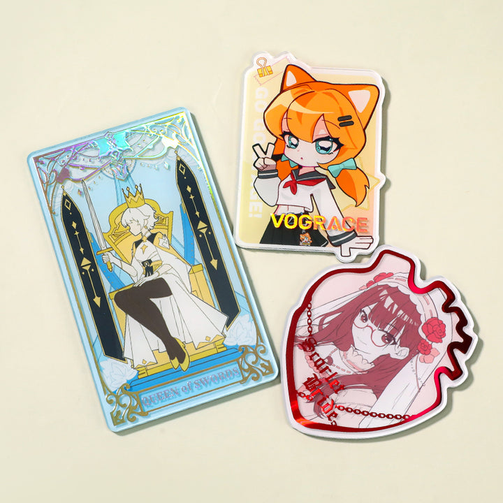 Custom acrylic fridge magnets with anime and tarot card art, raised foil stamped designs