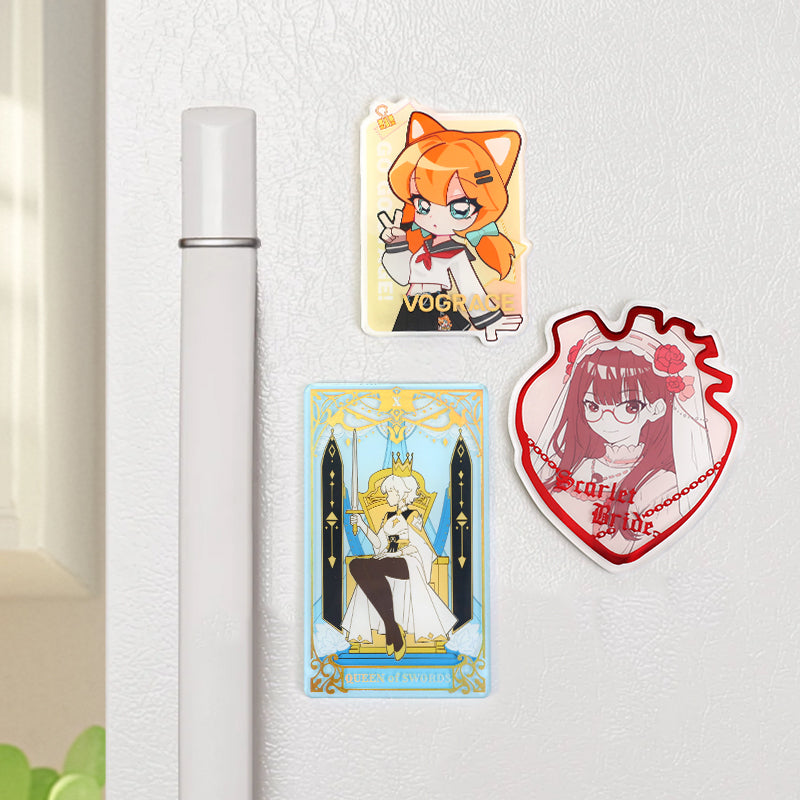 Custom acrylic fridge magnets with vibrant anime and chibi character designs on refrigerator