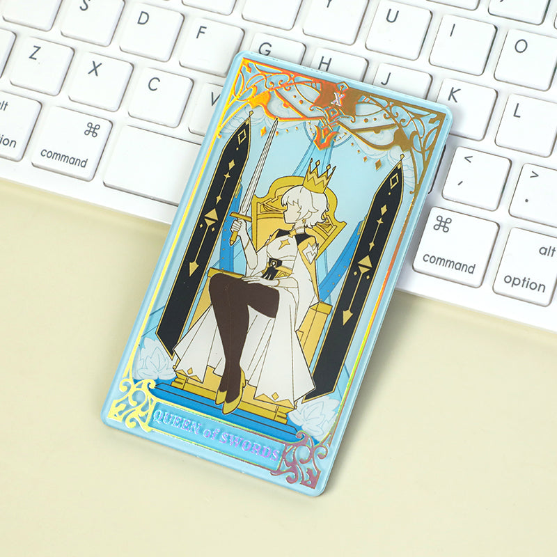 Custom acrylic fridge magnet with raised foil stamping, anime Queen of Swords design on keyboard
