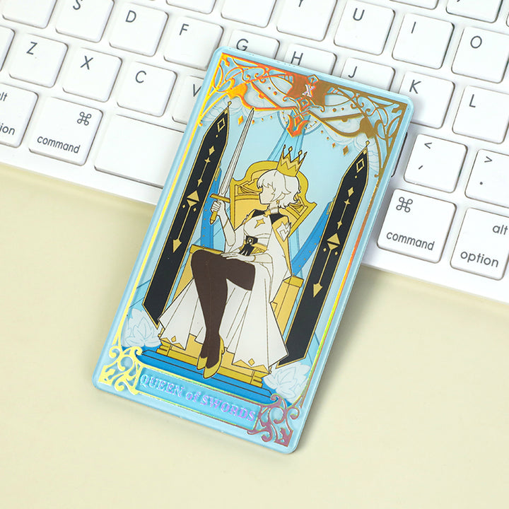 Custom acrylic fridge magnet with raised foil stamping, anime Queen of Swords design on keyboard