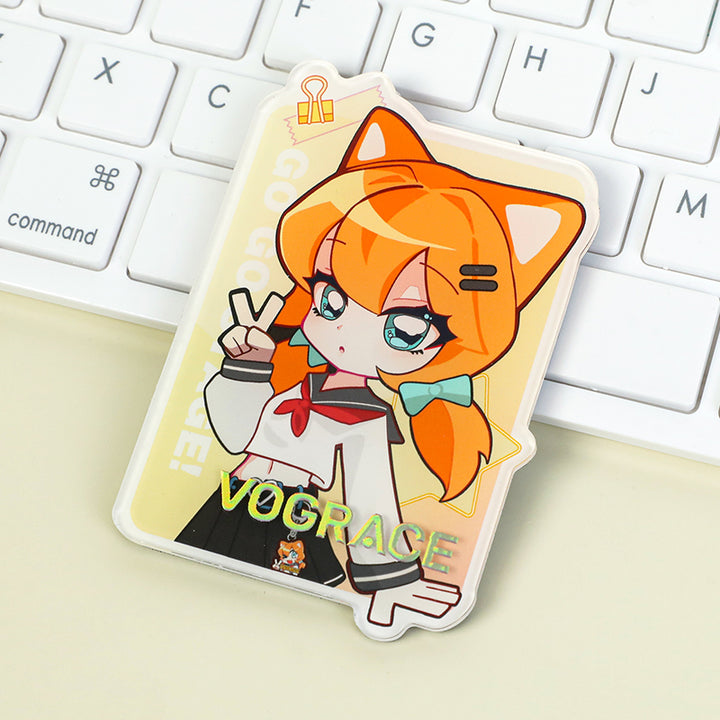Anime girl custom acrylic fridge magnet with raised foil stamp, on white keyboard
