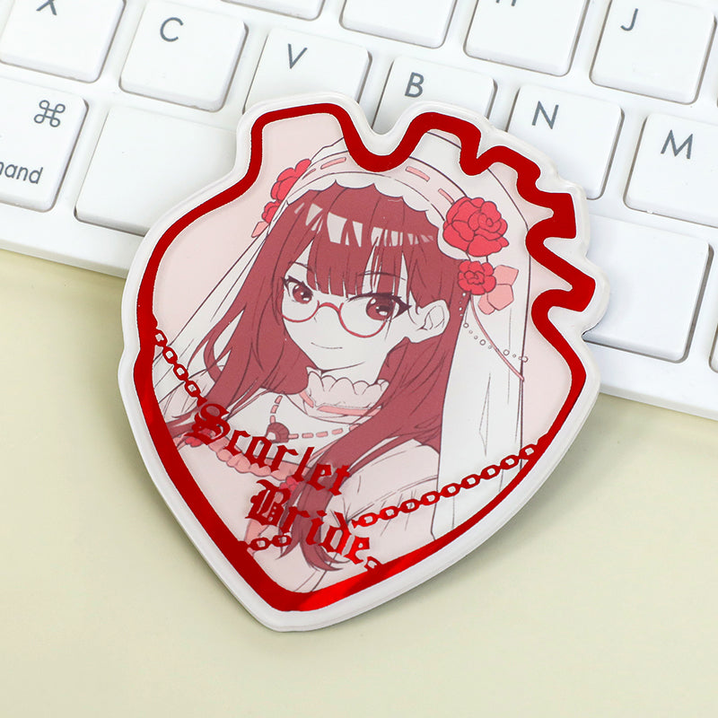 Custom acrylic fridge magnet with anime bride illustration, red foil stamping, heart shape