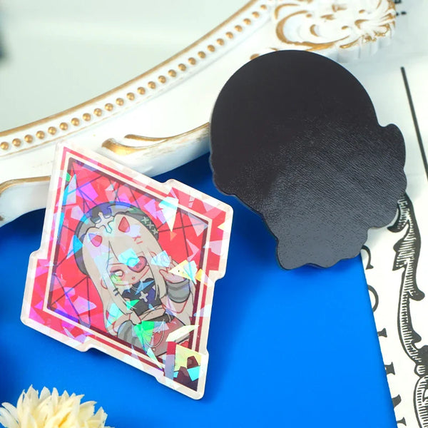 Custom holographic acrylic fridge magnets with anime-style character design, colorful background