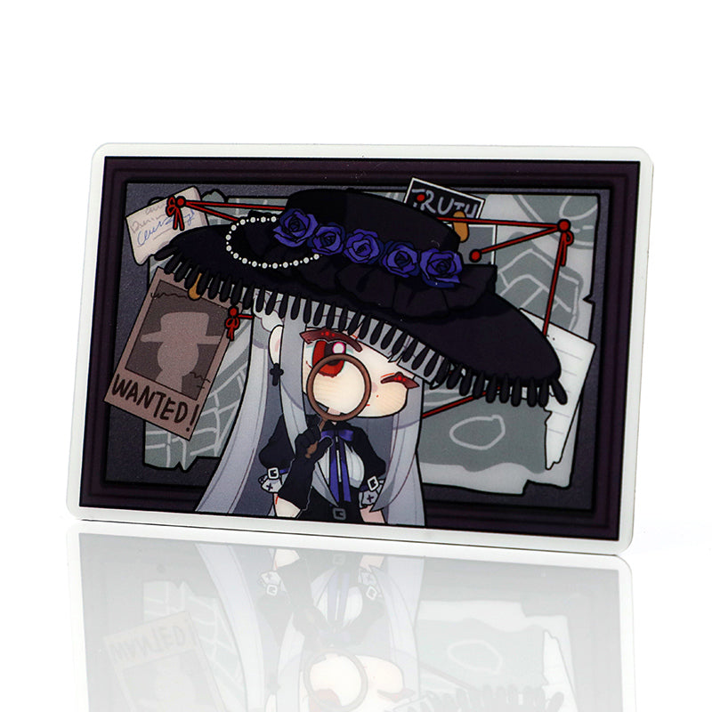 Custom rectangular acrylic fridge magnet featuring an anime detective character and mystery board design.