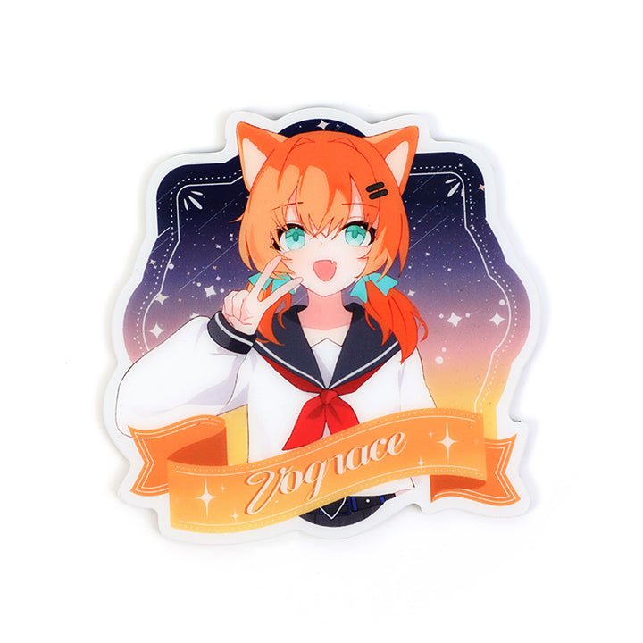 Custom acrylic fridge magnet with anime girl in sailor uniform, fox ears, orange hair, Vograce banner.