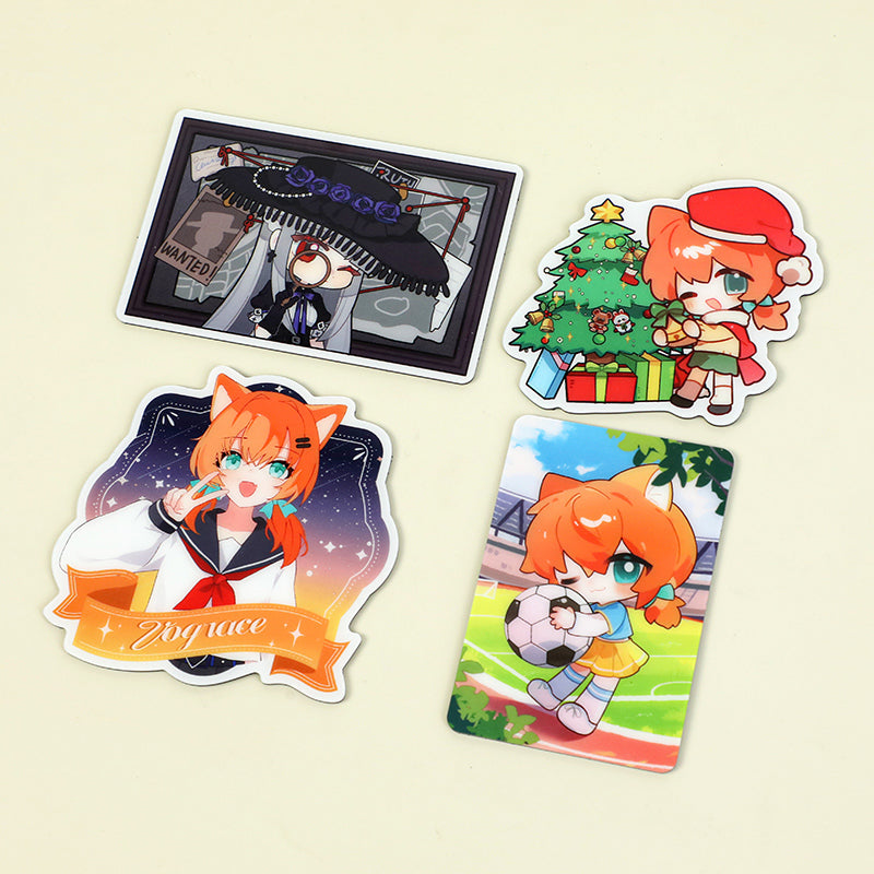 Custom anime acrylic fridge magnets featuring chibi characters in various colorful designs.