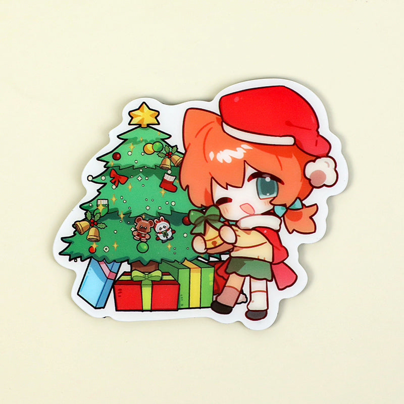 Custom acrylic fridge magnet with anime girl in Santa hat, Christmas tree and gifts