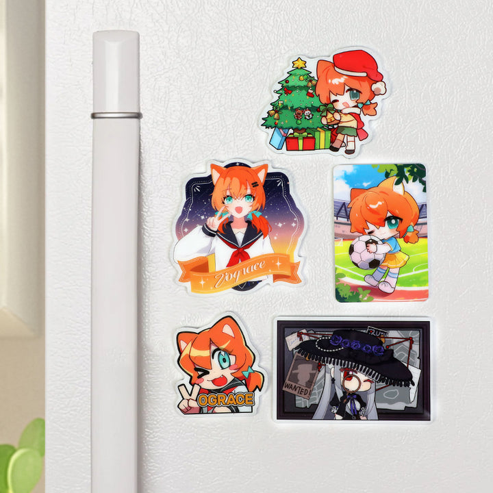 Custom ultra-thin acrylic fridge magnets with colorful anime girl character designs on a white refrigerator.