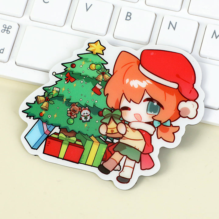 Anime style acrylic fridge magnet with Christmas tree and chibi girl in Santa hat