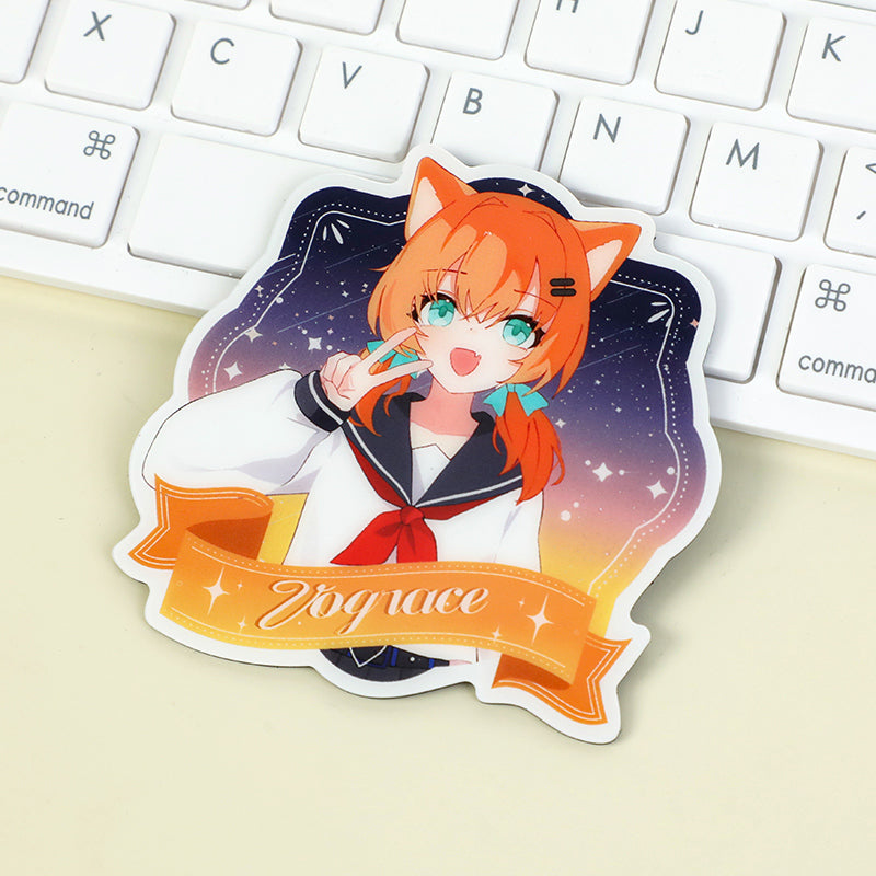 Custom acrylic anime fridge magnet with orange-haired cat girl and sailor uniform on keyboard