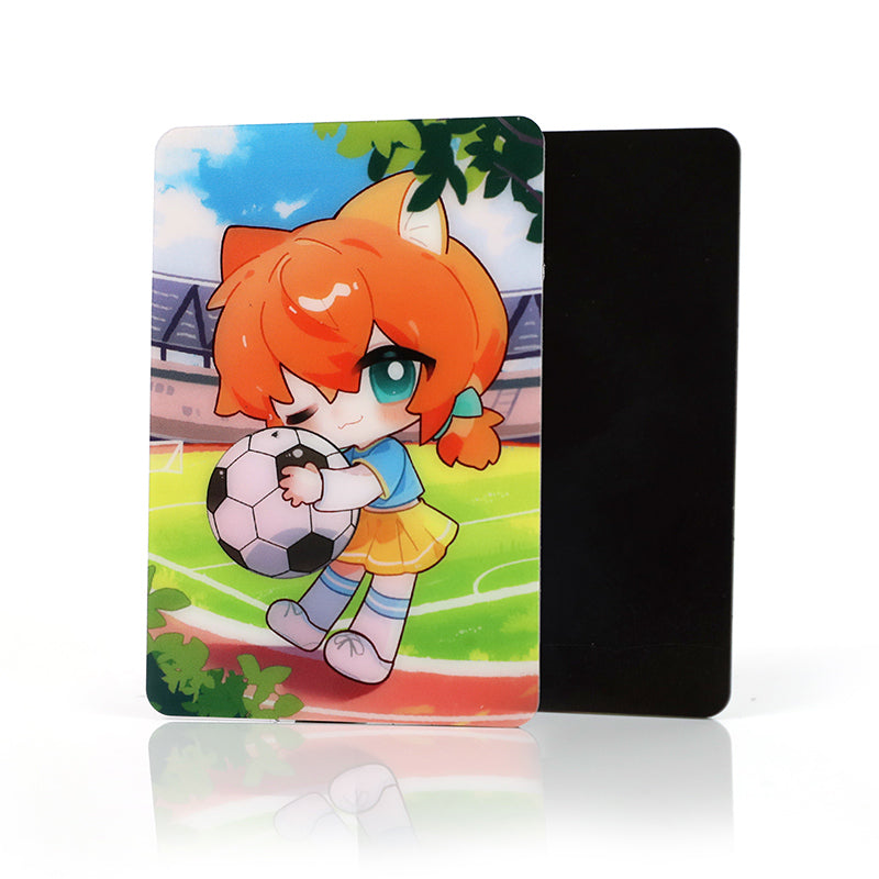 Custom acrylic fridge magnet with chibi girl holding soccer ball on a colorful stadium background