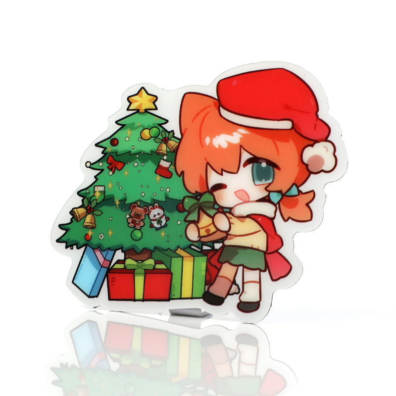 Custom acrylic fridge magnet with anime girl in Santa hat and Christmas tree with gifts